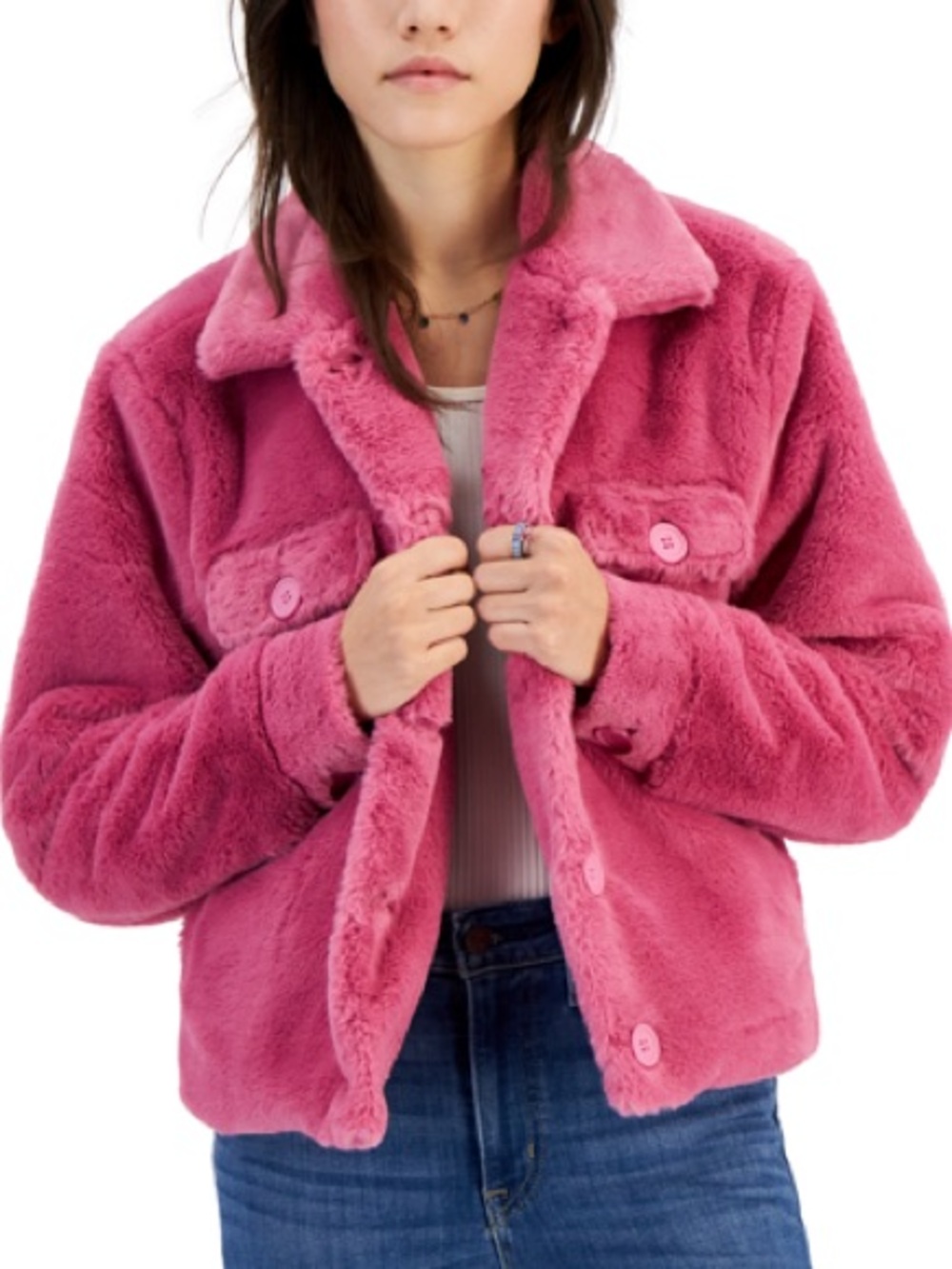 Crave Fame Plush Teddy Jacket in Rose Pink